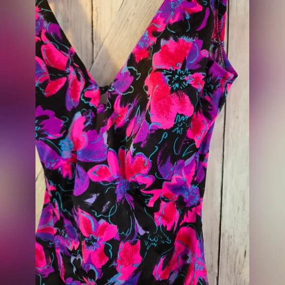 Maxine of Hollywood Black One-Piece with Pink & Purple Floral Print - Picture 2 of 8